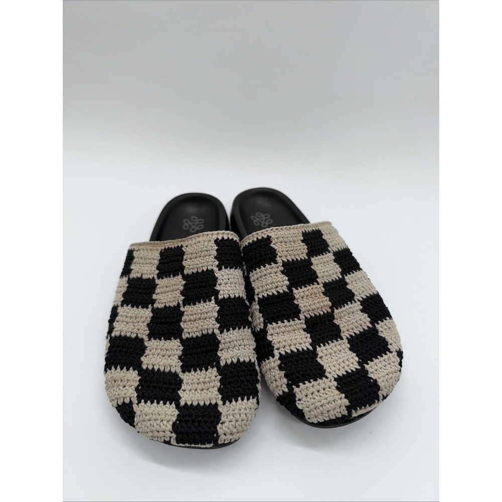 The Sak Black & Beige Knit Check Plaid Bolinas Crochet Clog Shoes Women's Size 6